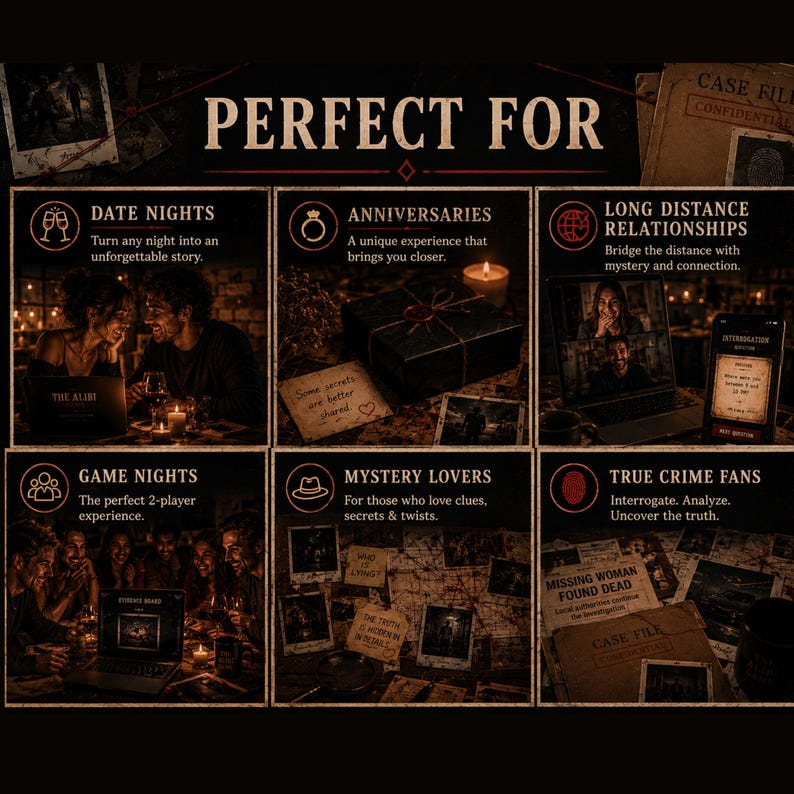 May include: A promotional image for a mystery game, featuring various scenarios. The text "PERFECT FOR" is at the top. Scenes include couples, a gift box, video calls, and game night gatherings. The game is designed for date nights, anniversaries, and long-distance relationships.