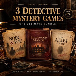 Pode incluir: Um pacote de download digital de 3 jogos de mistério de detetive intitulados Noir & You, Blackwood Manor e The Alibi Game. O conjunto apresenta três pastas de casos em estilo vintage com carimbos confidenciais, uma lupa e uma câmera.