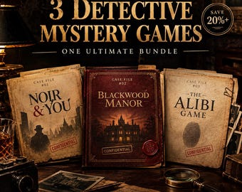 May include: A digital download bundle of 3 detective mystery games titled Noir & You, Blackwood Manor, and The Alibi Game. The set features three vintage-style case files with confidential stamps, a magnifying glass, and a camera on a desk.