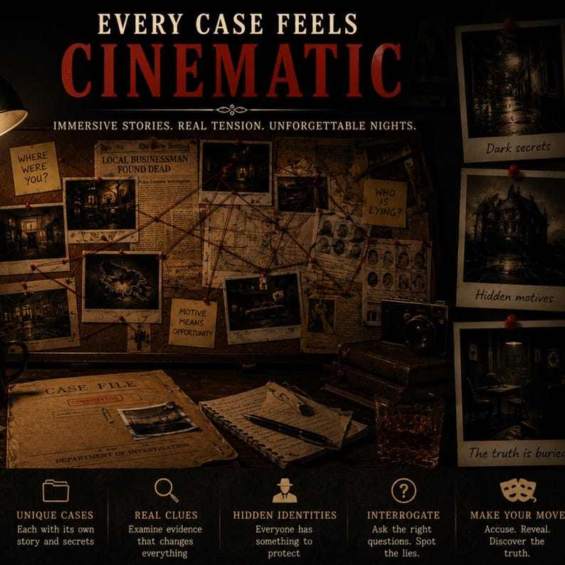 May include: A promotional image with a detective theme. The words "Every Case Feels Cinematic" are displayed in red and white. The image includes a corkboard with photos, a case file, a notepad, and a glass of whiskey. Text highlights unique cases, real clues, hidden identities, interrogation, and making your move.