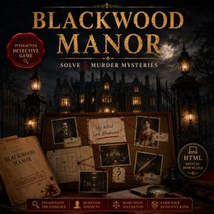May include: Blackwood Manor interactive detective game featuring a cork board with photos, a floor plan, and the text Who killed Lord Blackwood. Includes a confidential case file, a magnifying glass, and a digital download icon for HTML.