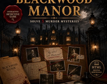 May include: Blackwood Manor interactive detective game featuring a cork board with photos, a floor plan, and the text Who killed Lord Blackwood. Includes a confidential case file, a magnifying glass, and a digital download icon for HTML.