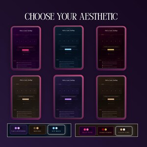May include: A digital interface display titled CHOOSE YOUR AESTHETIC featuring six rectangular cards with dark backgrounds and pink borders. Each card contains the text Pick a Card, Darling and a selection button. Below are color-coded labels: Y2K LAVENDER, MOCHA, ICY BLUE, BRAT PINK, DARK FEMME, and CLEAN GIRL.
