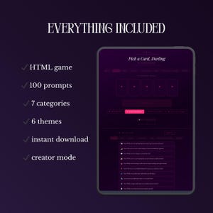 May include: A digital tablet displaying the Pick a Card, Darling HTML game interface with a dark purple theme. The text lists features including HTML game, 100 prompts, 7 categories, 6 themes, instant download, and creator mode on the left side.