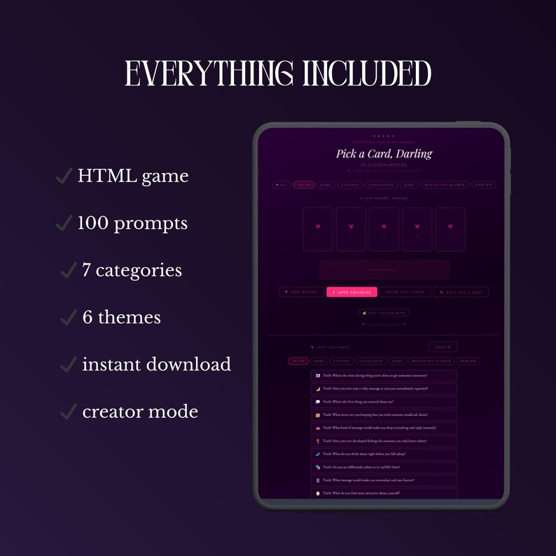 May include: A digital tablet displaying the Pick a Card, Darling HTML game interface with a dark purple theme. The text lists features including HTML game, 100 prompts, 7 categories, 6 themes, instant download, and creator mode on the left side.