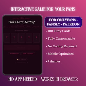 Puede incluir: Interfaz digital en una tableta con el texto "Pick a Card, Darling" y una lista de funciones, que incluyen 100 cartas coquetas, totalmente personalizables y optimizadas para móviles. El fondo es un degradado de rosa y morado.