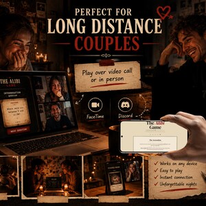 May include: An advertisement for "The Alibi Game" for long-distance couples. The image shows a laptop with a video call, a smartphone displaying the game, and icons for FaceTime and Discord. Text includes "Play over video call or in person."