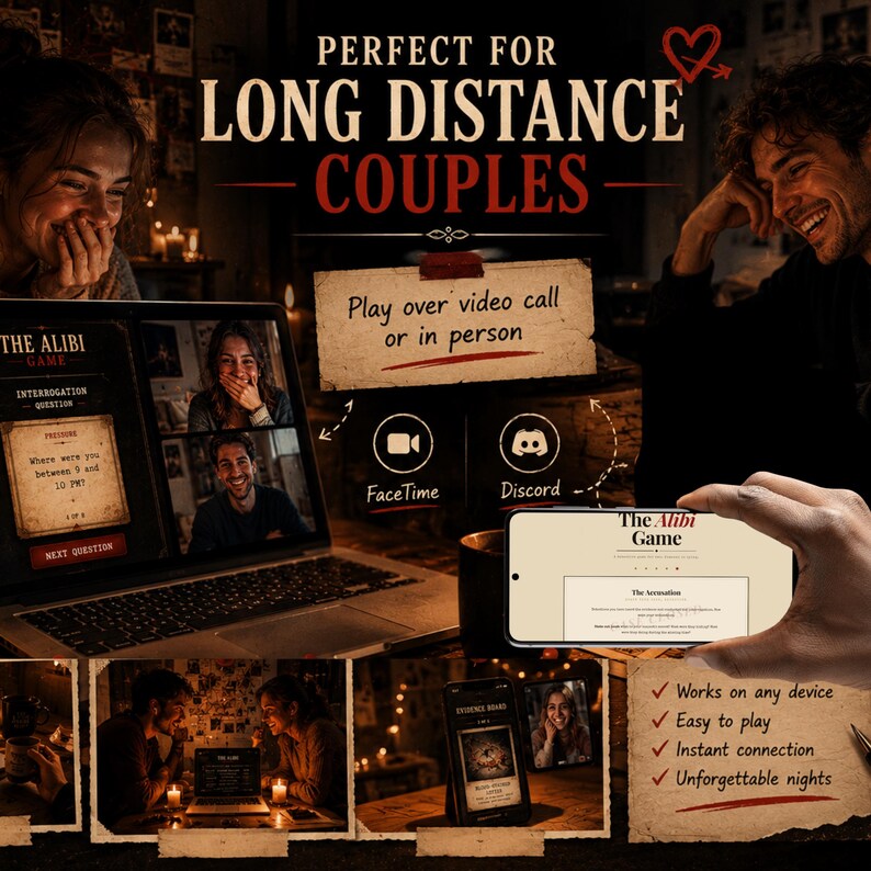 May include: An advertisement for "The Alibi Game" for long-distance couples. The image shows a laptop with a video call, a smartphone displaying the game, and icons for FaceTime and Discord. Text includes "Play over video call or in person."