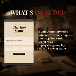 May include: A digital tablet displays "The Alibi Game" title. The game includes 5 mystery cases, an interactive evidence system, interrogation cards, secret roles, replayable gameplay, and an HTML browser game. The text "WHAT'S INCLUDED" is at the top.