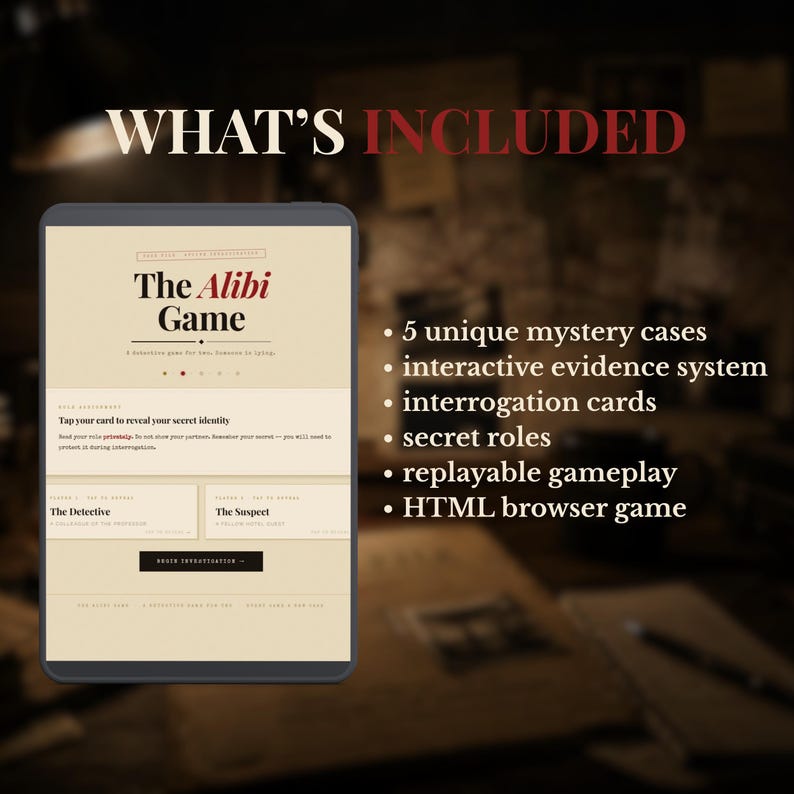 May include: A digital tablet displays "The Alibi Game" title. The game includes 5 mystery cases, an interactive evidence system, interrogation cards, secret roles, replayable gameplay, and an HTML browser game. The text "WHAT'S INCLUDED" is at the top.