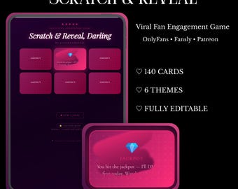 May include: A digital graphic with the text "SCRATCH & REVEAL" and "Scratch & Reveal, Darling." The image promotes a viral fan engagement game with 140 cards, 6 themes, and full editability. Includes the text "Instant Download • No Coding Needed."