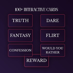 May include: A set of 100+ interactive cards on a dark purple background. The cards feature white text in rectangular frames with thin red borders. The categories include TRUTH, DARE, FANTASY, FLIRT, CONFESSION, WOULD YOU RATHER, and REWARD.