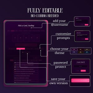May include: A digital interface template titled Pick a Card, Darling with dark purple background and pink accents. Features include editable username, customizable prompts, theme selection, password protection, and save changes buttons.