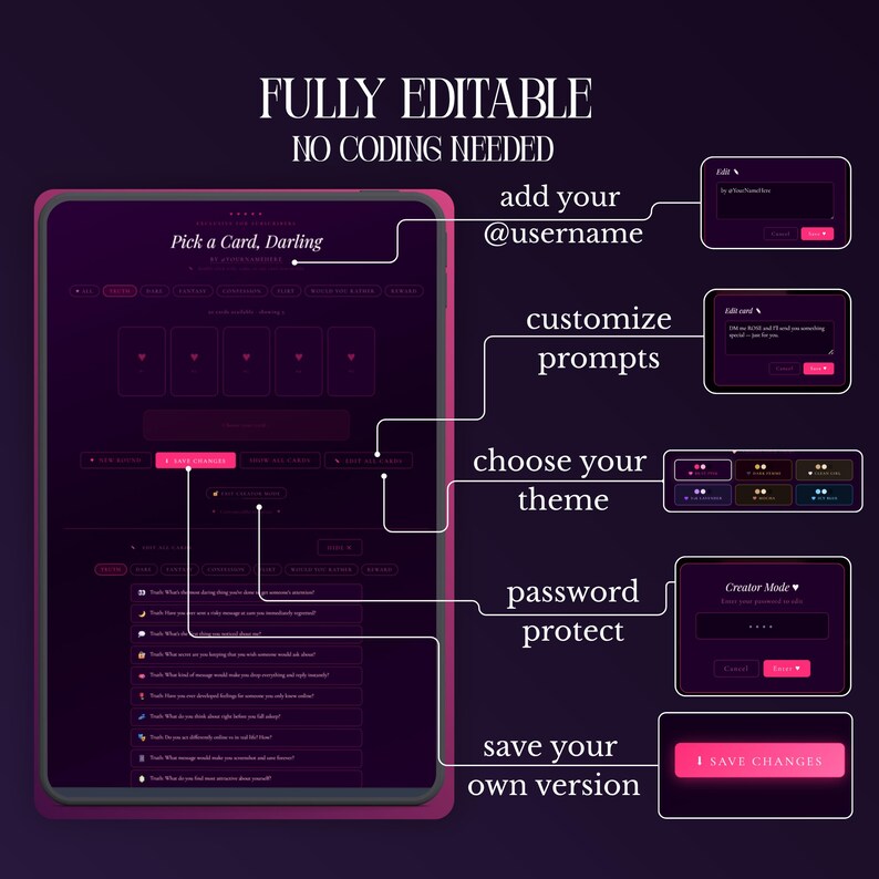 May include: A digital interface template titled Pick a Card, Darling with dark purple background and pink accents. Features include editable username, customizable prompts, theme selection, password protection, and save changes buttons.