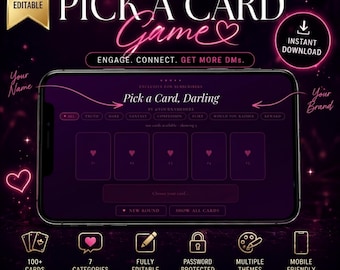 May include: An interactive HTML card game template for creators displayed on a smartphone screen. The interface features a dark purple theme with pink accents, five card slots with heart icons, and text including Pick a Card, Darling.