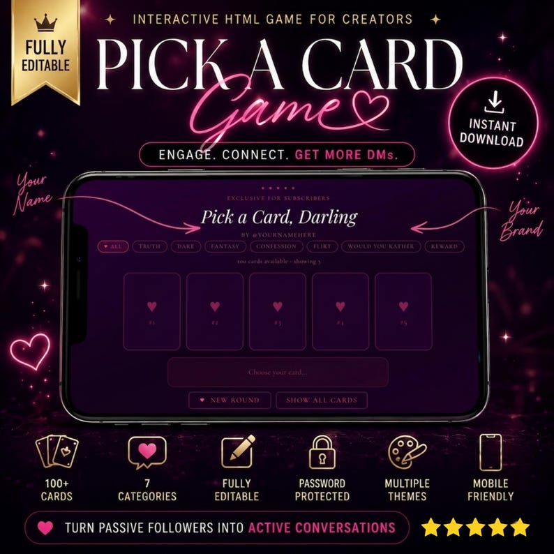 May include: An interactive HTML card game template for creators displayed on a smartphone screen. The interface features a dark purple theme with pink accents, five card slots with heart icons, and text including Pick a Card, Darling.