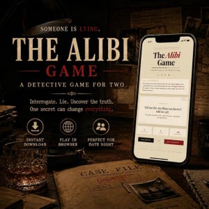 Op de afbeelding: Promotieafbeelding voor "The Alibi Game", een detectivespel voor twee. De afbeelding toont een smartphone met de spelinterface, een glas whisky en een "Case File"-document. Tekst bevat "Someone is lying" en "Instant Download".