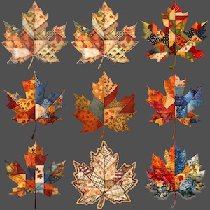 May include: Nine decorative maple leaf designs with a patchwork quilt appearance. Each leaf features a unique combination of fabrics in autumn colors like orange, red, yellow, and brown. The leaves are arranged on a dark gray background, creating a fall-themed aesthetic.