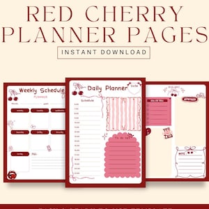 Könnte beinhalten: Rote Kirsch-Planerseiten mit Wochenplan, Tagesplaner und Notizseiten. Die Seiten haben ein rot-weißes Farbschema mit Kirschillustrationen und dem Text "Instant Download". Der Text "Easy & Ready to Use Template" ist ebenfalls enthalten.
