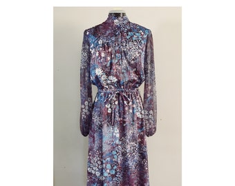 Lady Carol 70's Sz S/M Floral Sheer Sleeve Midi Dress