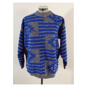 Cuddle Knits 80's Sz M Gray and Blue Aztec Geometric Knit Sweater afbeelding 1