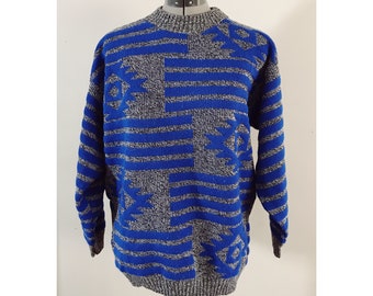 Cuddle Knits 80's Sz M Gray and Blue Aztec Geometric Knit Sweater