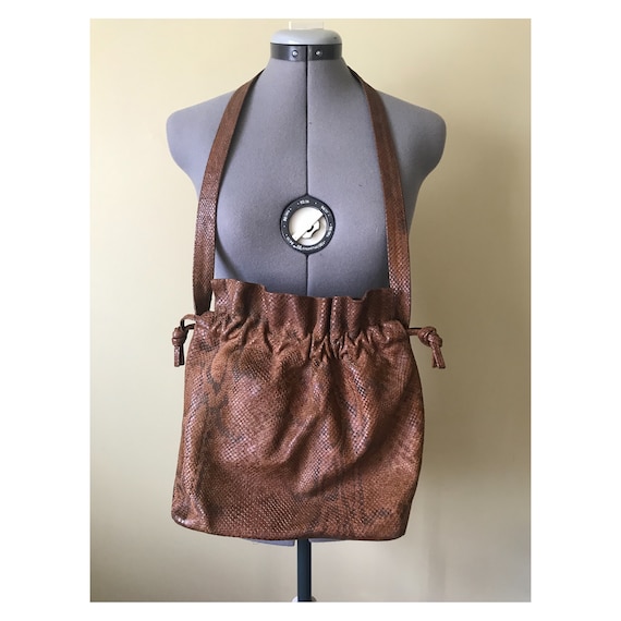 Embossed Snakeskin Leather Drawstring Purse