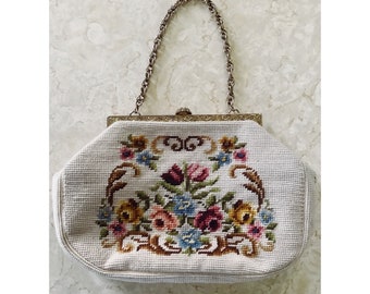 1950's Needlepoint Embroidered Floral Purse with Chain Strap