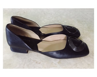 Franco Sarto Sz 9 Branza Black Leather Square Toe Flats Toe Detail Y2K