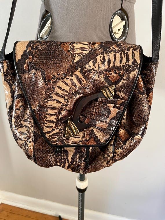 Sharif Snakeskin Print Drawstring Flap Top Purse … - image 3