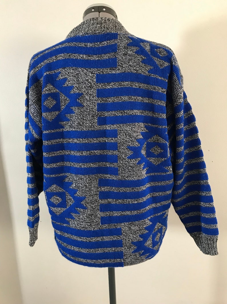 Cuddle Knits 80's Sz M Gray and Blue Aztec Geometric Knit Sweater afbeelding 4