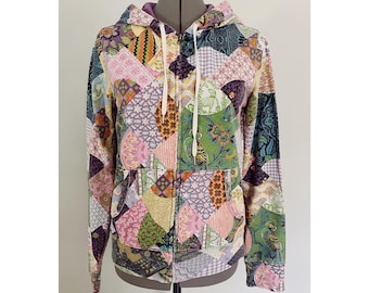 Lucky Brand Sz S Y2K Patchwork Print Zip Up Hoodie Jacket
