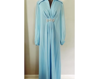 VTG JC Penney Fashions Sz L Aqua Blue Evening Maxi Dress Sheer Sleeve A Line