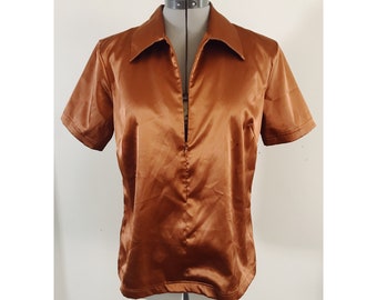 New York & Co Sz M Brown Satin Zip Front 90s Blouse