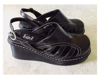 90s LEI Sz 9 Chunky Lug Sole Grunge Slingback Shoes Black Faux Leather