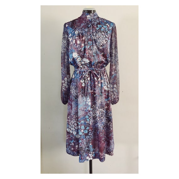 Lady Carol 70's Sz S/M Floral Sheer Sleeve Midi D… - image 1