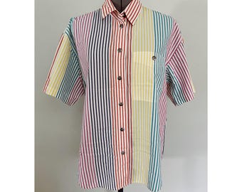 VTG Liz Claiborne Sz M Multicolor Vertical Stripe Cotton Button Down Shirt