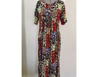 Mintimode Sz M Indian Crinkle Gauze Patchwork Print Maxi Dress