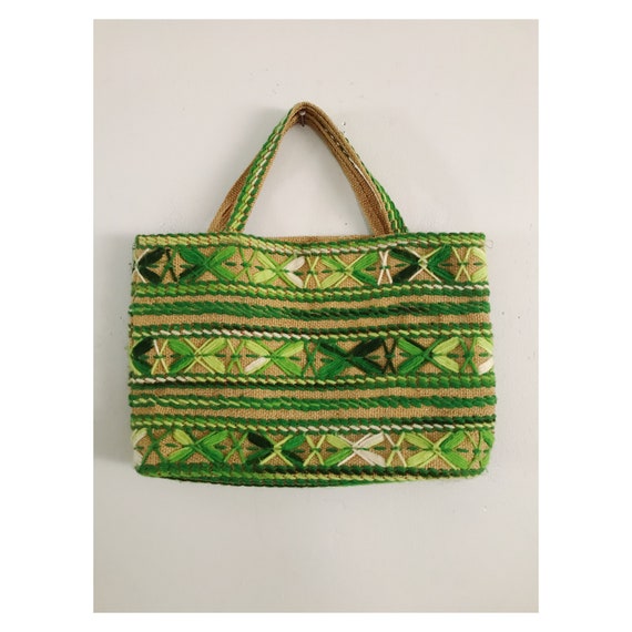 Green Stitch and Burlap Tote