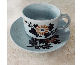 VTG Otagiri Style Floral Blue Speckle Glaze Lg Cup and Saucer Set