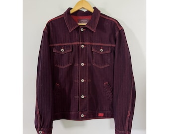 VTG Guess Jeans Sz L Oxblood Garment Dyed Shadow Stripe Denim Jacket