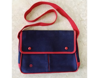 Etienne Aigner 70s Canvas Shoulder Bag in Navy Blue and Red Nautical