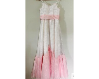 VTG JC Penney Sz S Pink and White Swiss Dot Chiffon Maxi Dress Retro Prom