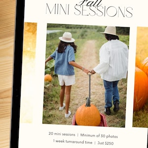 May include: A tablet displays a fall-themed advertisement. The text reads "Springfield, 10.30.21, Fall Mini Sessions." The image shows two people pulling a wagon with a large pumpkin. The background includes pumpkins and a field.