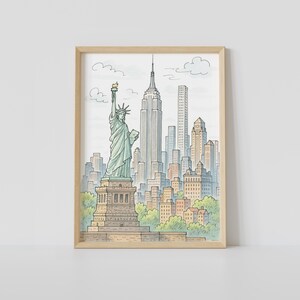 自由の女神像のプリント – ニューヨーク市のスカイラインの壁アート
