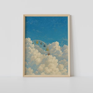 Puede incluir: Una impresión artística enmarcada que presenta una escena caprichosa de una noria parcialmente oscurecida por nubes blancas y esponjosas contra un cielo azul brillante. Las coloridas góndolas de la noria añaden un toque de color.