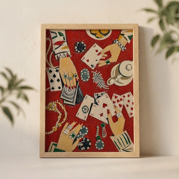 Card Game Oil Painting Poster, Red Maximalist Poker Print, Playing Cards and Jewelry Wall Art