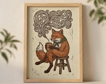 Wall Art Print Fox Drinking Coffee, rustieke illustratie in linosnedestijl met stoomwervelingen en groene sjaal
