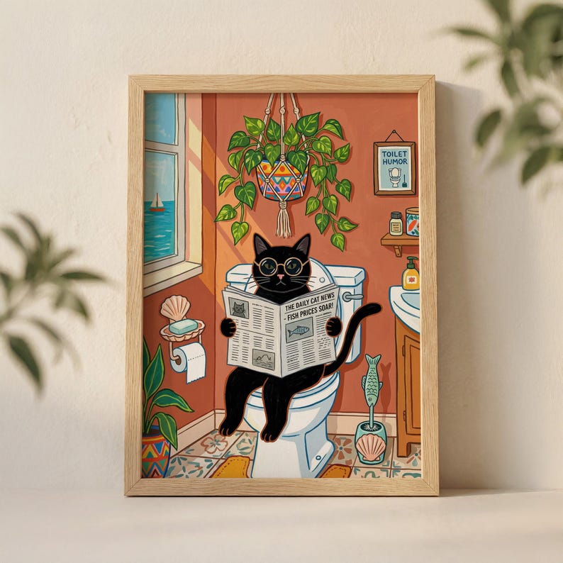 Black Cat Reading Newspaper on Toilet Wall Art Print, Funny Bathroom ...