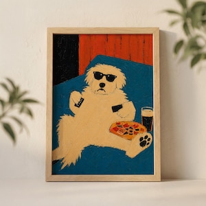 May include: A framed print depicts a relaxed dog wearing sunglasses, holding a remote control, and enjoying pizza and a drink. The dog is lounging on a blue surface against a red and black background. The artwork is in a wooden frame.